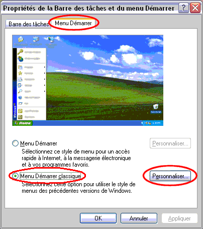 Propriétés de la Barre des tâches et du Menu Démarrer