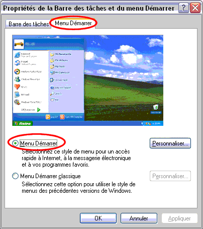 Propriétés de la Barre des tâches et du Menu Démarrer